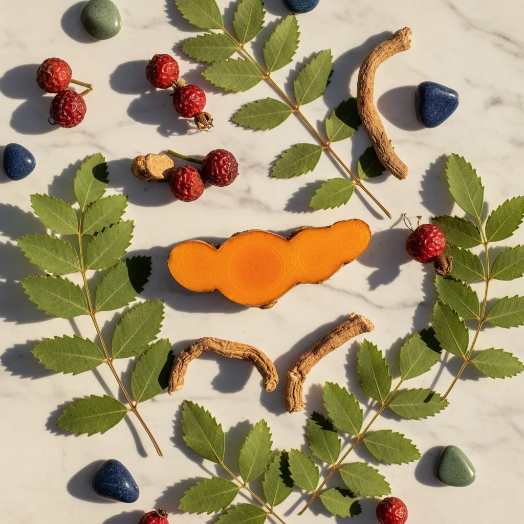Overhead-foto av gurkmeja, boswellia, nypon och djävulsklo på marmor - naturliga ingredienser i kosttillskott för leder