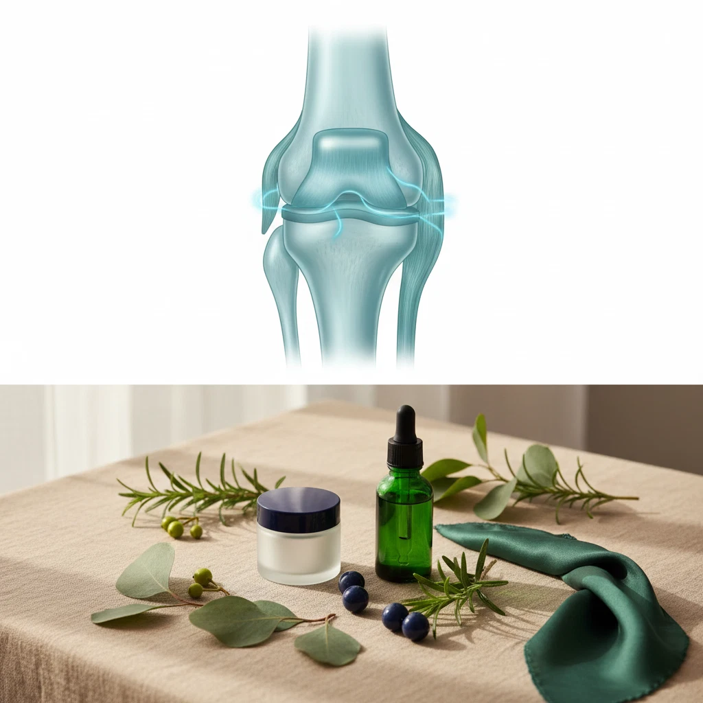 Anatomisk 3D-illustration av knäledens brosk och ledvätska i blå-teal toner